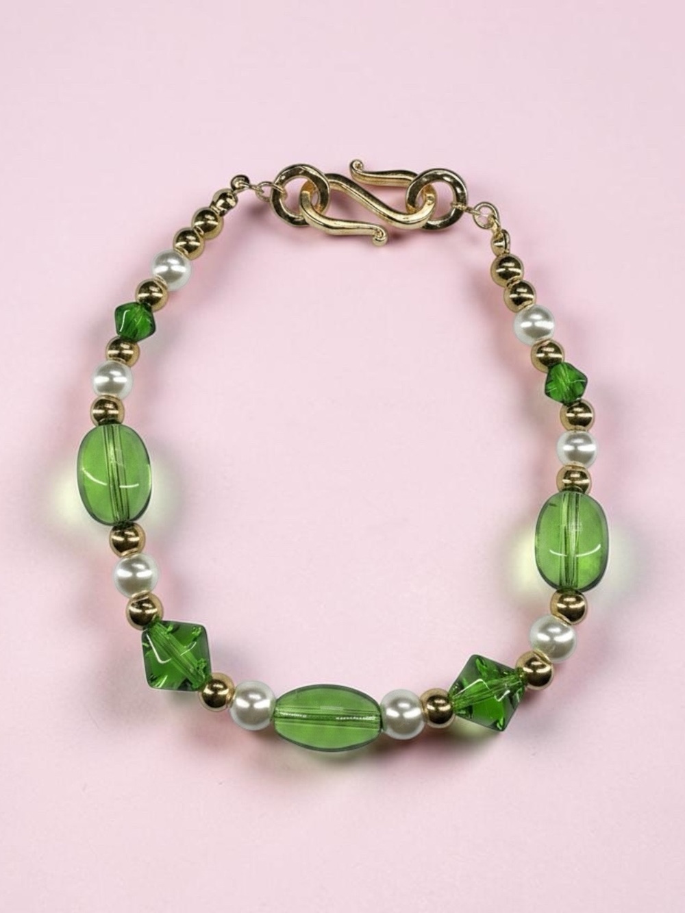 Handmade Green Crystal & Pearl Bracelet | Gold Accent Bracelet